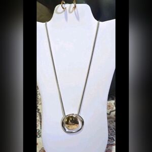 Earrings & Snake Chain Necklace Circular Pendants Goldtone Modern Minimalist